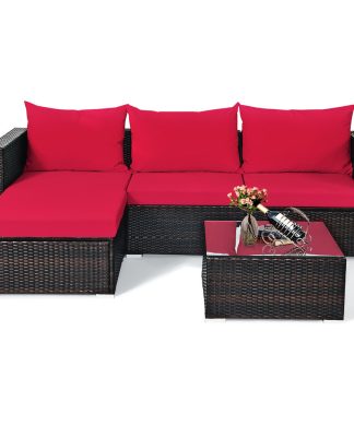 5PCS Patio Rattan Furniture Set Sectional Conversation Sofa W/ Coffee Table Red