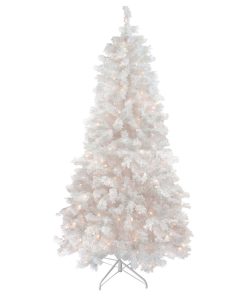 7.5' Pre-Lit Flocked White Spruce Artificial Christmas Tree, Clear Lights