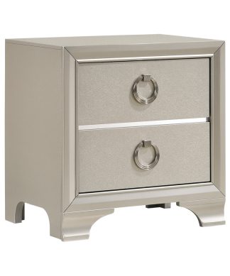 2 Drawers Nightstand With Oversized Ring Handles, Metallic Sterling