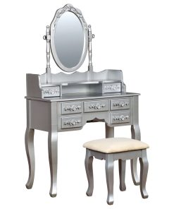 Wooden Vanity with Stool, Silver