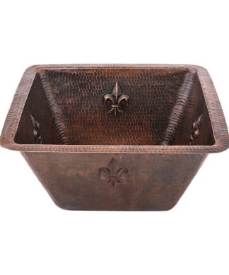 15" Square Fleur De Lis Copper Bar/Prep Sink With 3.5" Drain Opening