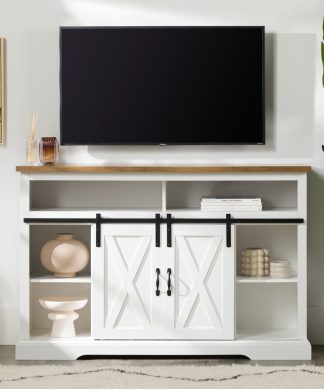 52" Sliding Barn Door Highboy Console, Solid White/Reclaimed Barnwood