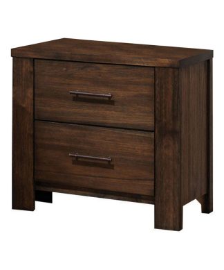 2 Drawer Wooden Nightstand with Metal Bar Handles and Block Legs in Brown
