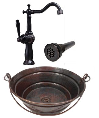 15" Copper Bucket Vessel Bath Sink, 13" Clayborne ORB Faucet & Grid Drain
