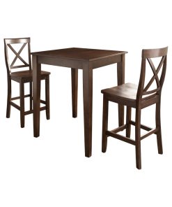 3-Piece Pub Dining Set, Tapered Leg and X-Back Stools, Vintage Mahogany