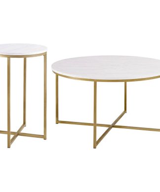 2-Piece Round Coffee Table Set, White Faux Marble/Marble/Gold
