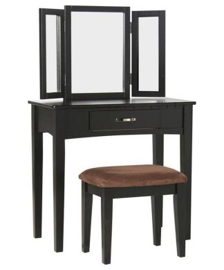 Wood and Mirror Vanity Set With Stool, Black