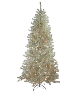 7' Metallic Sheer Champagne Artificial Tinsel Christmas Tree, Clear Lights