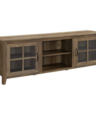 70" Farmhouse Wood TV Stand With Glass Doors, Rustic Oak