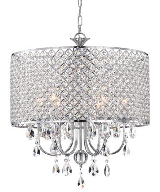 5-Light Chrome Round Beaded Drum Chandelier With Hanging Crystals