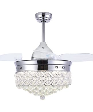 42" Modern Crystal Ceiling Fan with Lights, Retractable Chandelier Fan, Chrome,