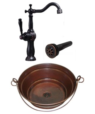 15" Round Copper Bucket Vessel Sink Daisy Drain & Clayborne ORB Faucet Included