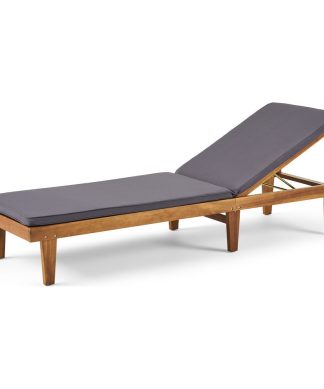 Yvette Outdoor Acacia Wood Chaise Lounge and Cushion Set, Teak/Dark Gray