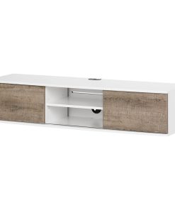 Wall Mounted TV Stand, 2 Sliding Doors & 6 Shelves, Pure White/Weathered Oak