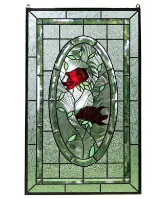20" x 34" Stained Glass Window Panel rose blooming