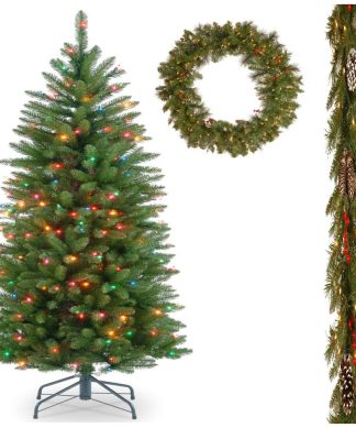 4-1/2' Pencil Tree Multi Lights With Frosted Berry Garland and 36" Wreath