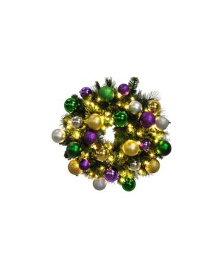 4' Pre-Lit Warm White LED Sequoia Wreath Decorated With The Mardi Gras Ornament