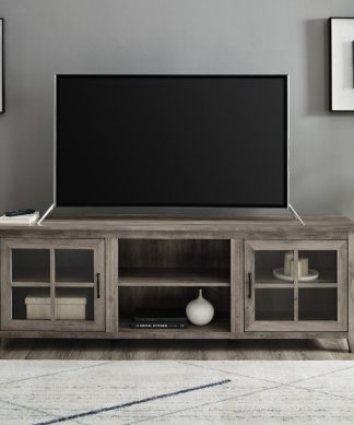 70" Farmhouse Wood TV Stand With Glass Doors, Gray Wash