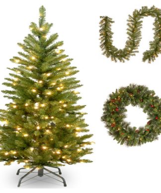 7-1/2' Fir Hinged Pencil Tree With Norwood Fir Garland and Crestwood Wreath, 30"