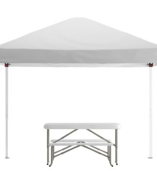 10'x10' White Pop Up Event Canopy Tent with Carry Bag and Folding Bench Set...