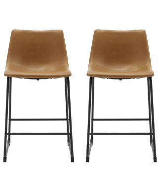 26" Industrial Faux Leather Counter Stool, set of 2- Whiskey Brown
