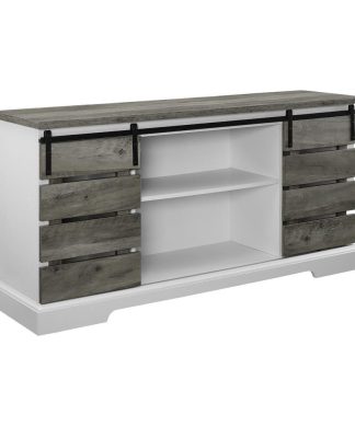 58" Farmhouse Sliding Slat Door TV Console - Grey Wash