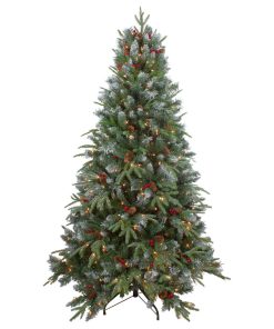 7' Pre-Lit Frosted Mixed Berry Pine Artificial Christmas Tree, Clear Lights