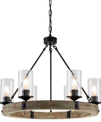 6 Light Matte Black and Vintage Wood Wheel Chandelier