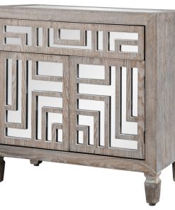 Wood Cabinet With Mirror Design, 1-Drawer/2-Door, Gray With Whitewash