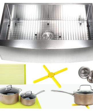 36" Curved Front Apron Single Bowl Stainless Steel Kitchen Sink Package