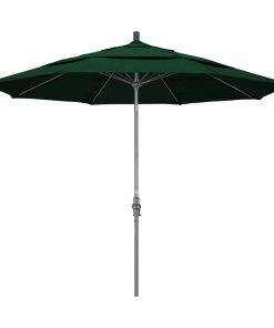 11' Grey Collar Tilt Crank Aluminum Umbrella, Forest Green Sunbrella