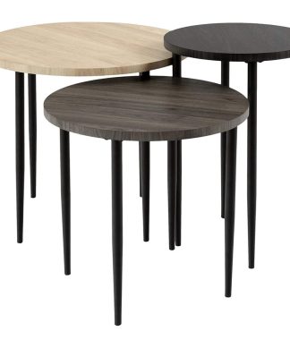 3 Pieces Nesting Coffee Table, Slim Metal Legs & Round MDF Top, Birch/Black