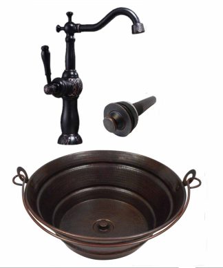 15" Round Copper Bucket Vessel Bath Sink, 13" Clayborne ORB Faucet & Drain