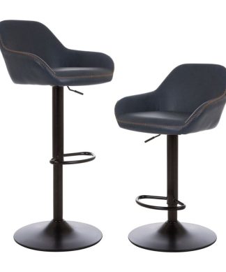Vintage Navy Blue Leatherette Gaslift Adjustable Swivel Bar Stool, Set of 2