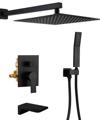 Wellfor Rainfall Shower System, 12" Rain Shower Head With Handheld Combo Set, Bl