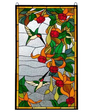20.5" x 34.75" Large Handcrafted stained glass window panel Hummingbirds WL3044