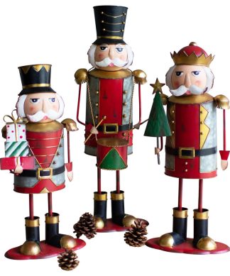 3-Piece Set Detailed Painted Metal Nutcracker Statue Solider Present Drum Xmas