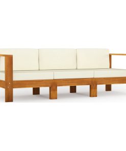 vidaXL Solid Acacia Wood 3-Seater Patio Sofa with Cream White Cushions Seat