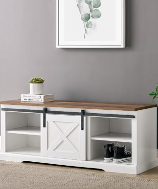 48" Sliding Barn Door Entry Bench, White/Reclaimed Barnwood