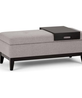 42" Wide Rectangle Storage Ottoman Bench With Tray, Cloud Grey Linen Look Fabric