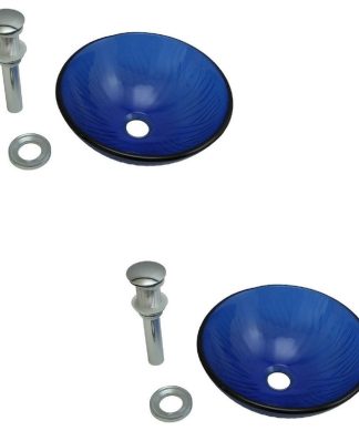 2 Glass Vessel with Drain Frosted Blue Tempered Glass Mini Bowl Sink Set of 2