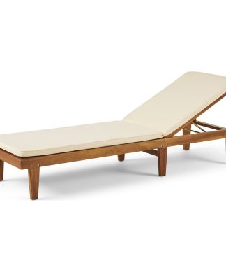 Yvette Outdoor Acacia Wood Chaise Lounge and Cushion Set, Teak/Cream