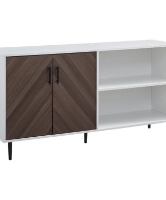 58" Mid Century Modern Bookmatch Asymmetrical TV Stand, Ash Brown/Solid White