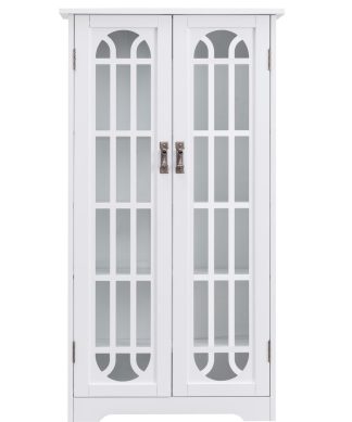 White Display Cabinet with Windowpane Glass Doors - White
