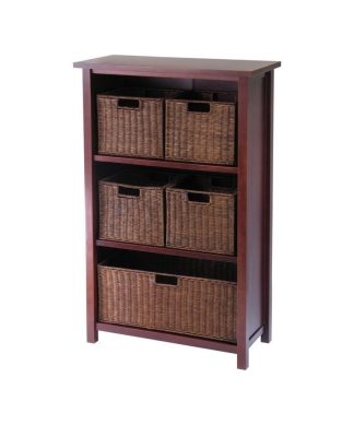 Winsome Milan 3 Shelf Storage Unit with 5 Wired Baskets in Antique Walnut