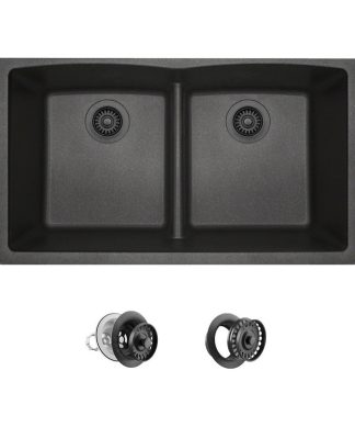 812 Low-Divide Double Bowl Kitchen Sink, Black, Colored Strainer/Flange