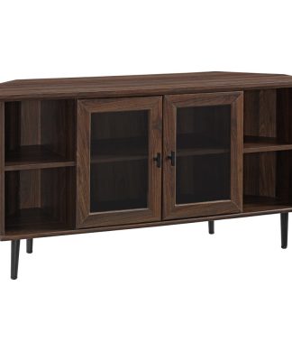 48" Simple Glass Door Corner TV Console, Dark Walnut