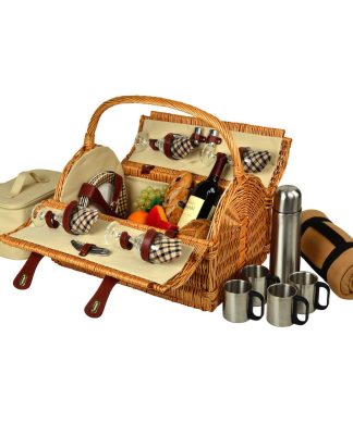 Yorkshire Picnic Basket For Four W/Blanket And Coffee Set, Wicker/London Plaid