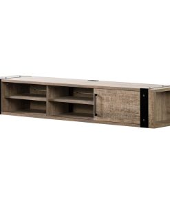 Wall Mounted Media TV Stand, Open Shelves and Sliding Door, Weathered Oak