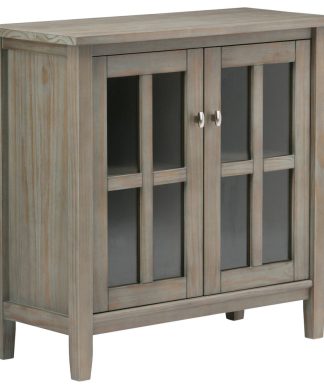 Warm Shaker Solid Wood 32 Inch Wide Low Storage Cabinet In Distressed Grey